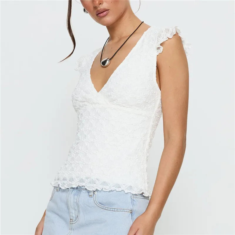 Women Summer White Lace V Neck Cami Top Ruffle Trim Cap Sleeve Slim Fit Crop Top Elegant Party Clubwear Y2K Streetwear