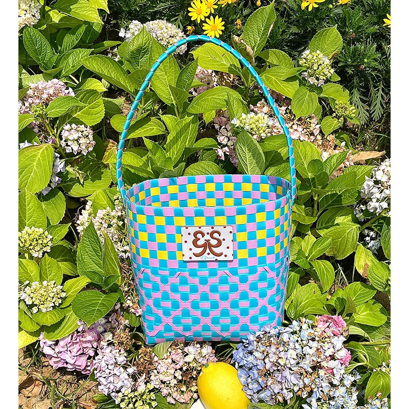 Colorful Checkered Woven Bucket Bag, Bohemian Handmade Tote Bag, Casual Summer Beach Bag for Women