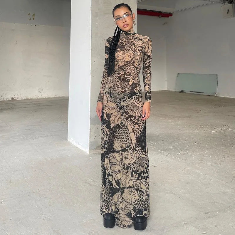 Vintage Printed Mesh Dress See Through Long Sleeve Maxi Dresses for Women Streetwear Y2k Clothing 2024