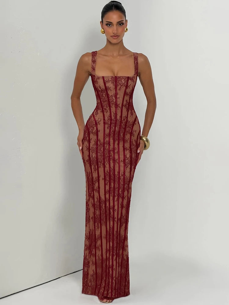 Square Neck Spaghetti Strap Sexy Maxi Dress Women Lace Mesh Striped Bodycon Elegant Wedding Guest Evening Party Dresses