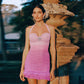 Gradient Pink Mesh Sheath Dresses Elegance Halter Ruched Frilly Mini Dress Sexy Club Outfits Woman Clothing