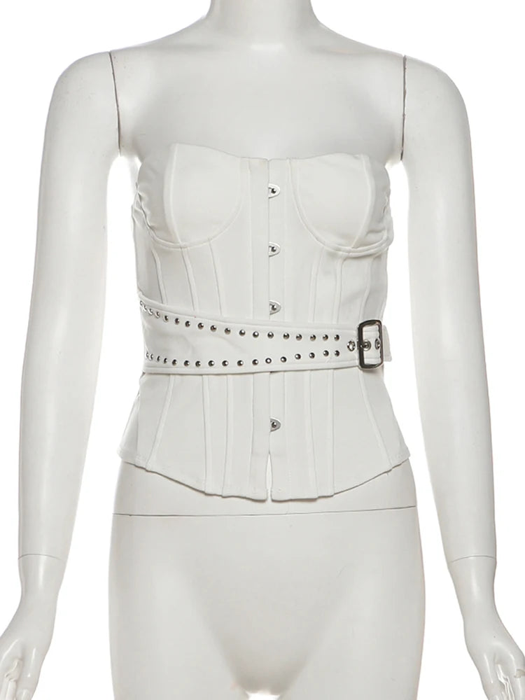 Hottie Y2K Strapless Tops Women Hidden Button Wild Irregular Beach Vacation Birthday Party Clubwear Street Belt Vests