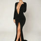 High Split Elegant Deep V-Neck Dress Women Sexy Simple Ruched Full Sleeve Fashion Classic Banquet Party Club Maxi Bodycon