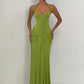 Women Halter Backless Sexy Maxi Dress Elegant Sleeveless Ruched Waist Draped Bodycon Club Party Evening Cocktail Dress