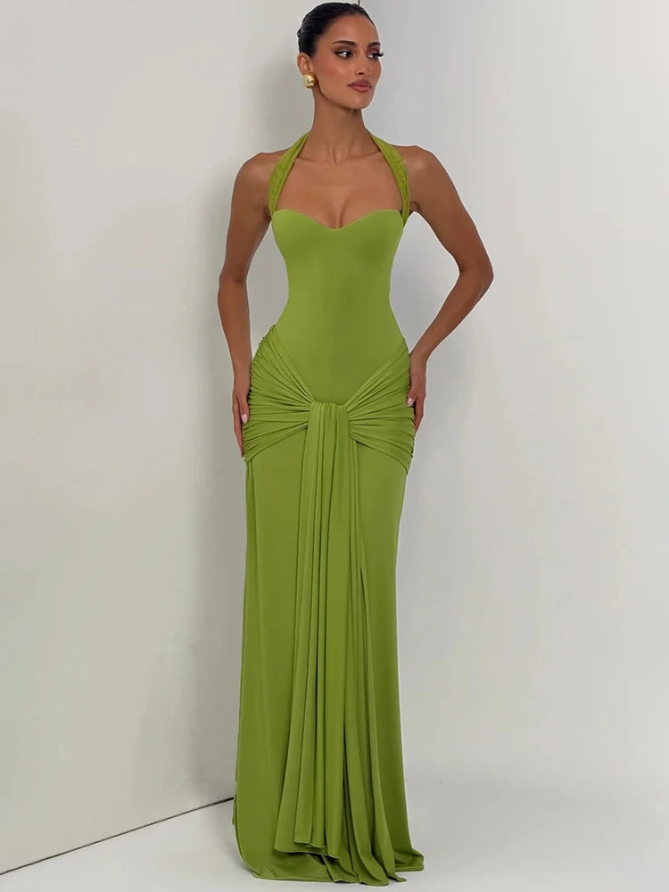 Women Halter Backless Sexy Maxi Dress Elegant Sleeveless Ruched Waist Draped Bodycon Club Party Evening Cocktail Dress