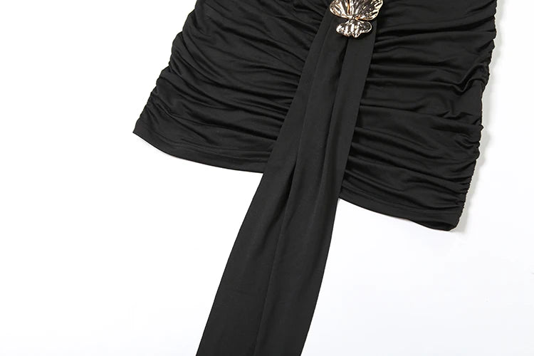 Metal Ribbon Dress Women Y2K Elegant Summer Halter Bandage Folds Peach Buttocks Backless Skinny Sexy Midnight Bodycon