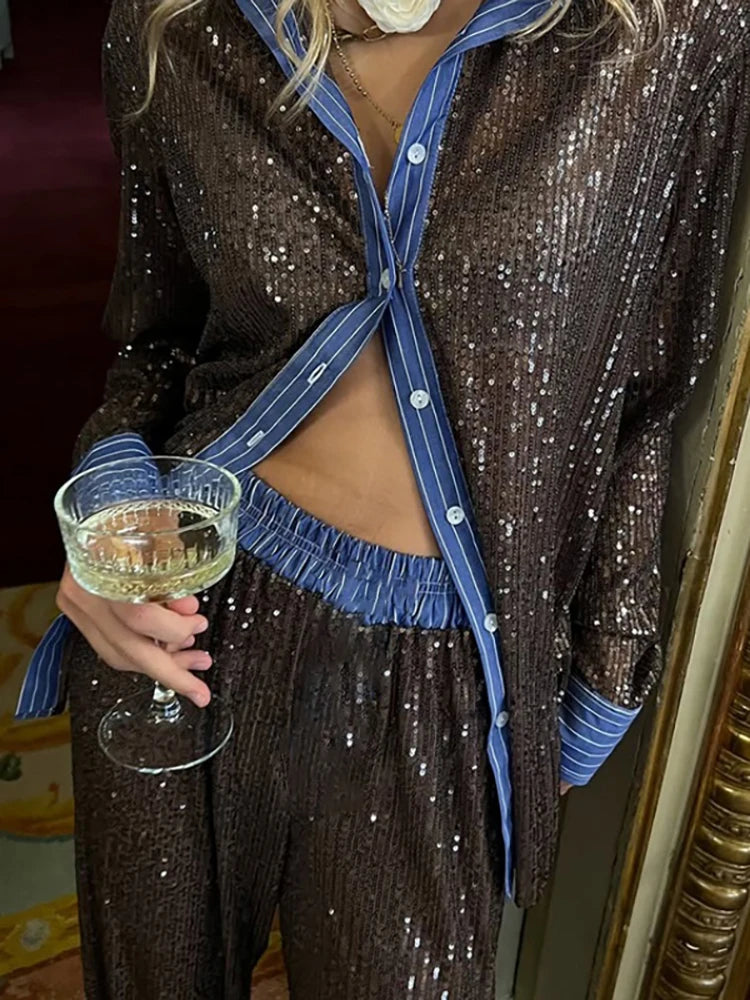 Sequin Loose Pants Two Piece Sets Women Patchwork Long Sleeve Shirt And Trouser Female Elegant Long Pants 2 Piece Sets