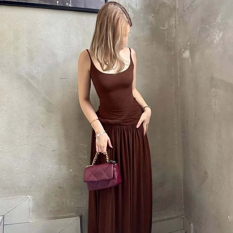 Twisted Spaghetti Strap Backless Long Dresses Summer Outfit Woman French Style Elegant Black Dress