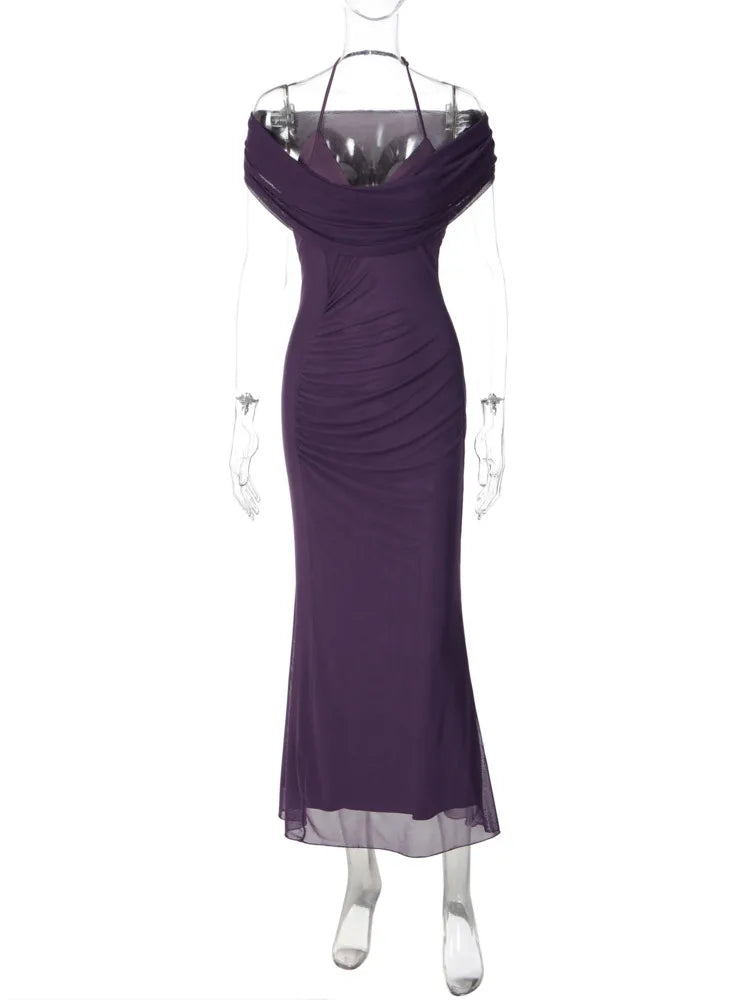 Women Halter Off Shoulder Mesh Maxi Dress Draped Ruched Bodycon Long Dress Elegant Evening Party Wedding Guest Dress