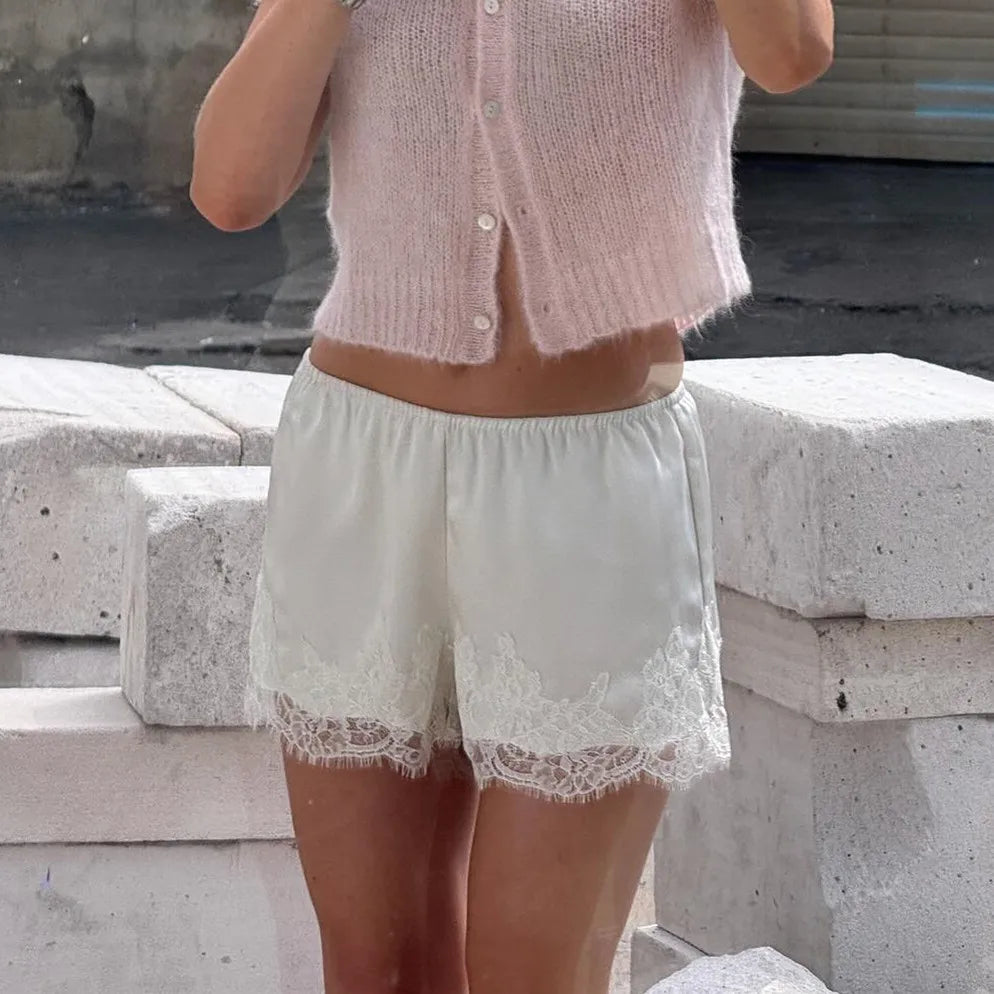 Women’s Summer Satin Silk Shorts Fashion Elastic Waist Lace Hem Wide Leg Lounge Shorts Coquette Going Out Pants