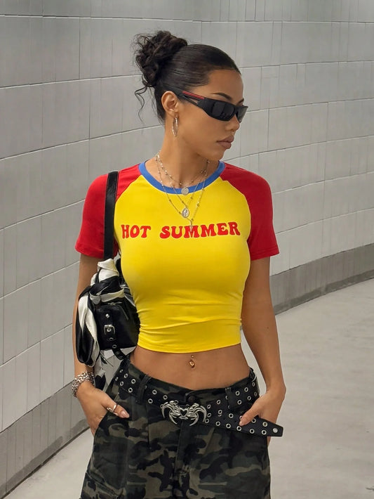Letter Print Crop Tops Women Chic Short Sleeve Patchwork Casual Simple Tight Wild Basic Streetwear Y2K Hipster Tees