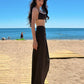 Beach Party 2-Piece Set Women Low-Neck Backless Bra+Metal Decoration High Side Slit Folds Skirt Sexy Summer Suit
