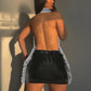 Fluffy Halter Dress Women Backless Sleeveless Sexy Leather Deep v-Neck Hipster Midnight Clubwear Rave Party Bodycon