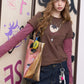 Women's Graphic Tee with Strawberry Print, Fake Two Piece Long Sleeve Top, Casual Slim Fit T-Shirt for Daily Wear