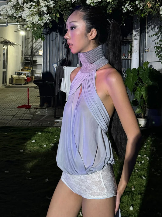 Sexy 2 Piece Set Women Cross Hollow Turtleneck Backless Halter Mesh Tank Top+Lapel Skirts Matching Midnight Clubwear