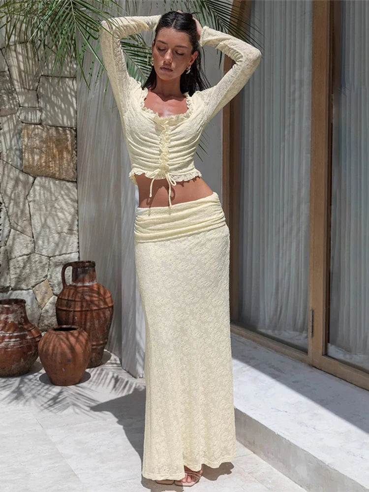 Creamy Color Style 2 Piece Set Women Ruffles Low-Neck Shirring Crop Tops+Ruched Waist Long Skirts Street Elegant Suit
