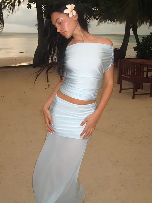 2 Pieces Set for Woman Vacation Outfits Satin Mesh Patchwork Long Skirt and Off Shoulder Backless Crop Top