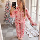 Satin Women Christmas Pajama Set Ruffle Trim Long Sleeve Shirt And Pants Santa Candy Cane Print Holiday Sleepwear