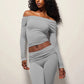 Sporty Tracksuits 2-Piece Set Women Slash Neck Crop Top+Ruched Pants Matching Simple Stretch Skinny Casual Outfits