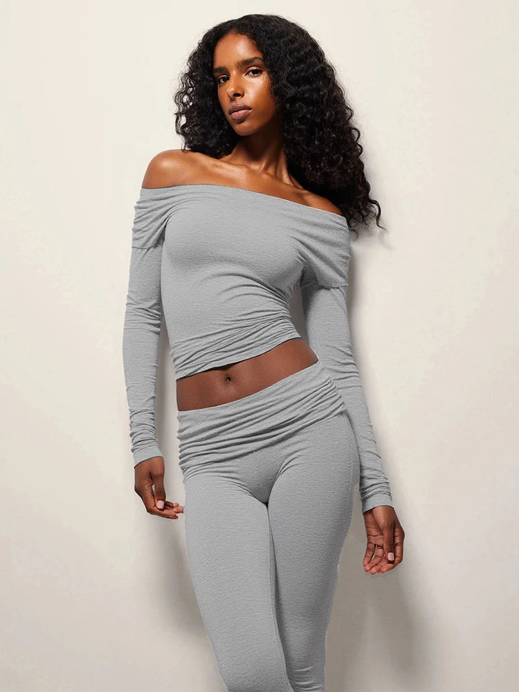 Sporty Tracksuits 2-Piece Set Women Slash Neck Crop Top+Ruched Pants Matching Simple Stretch Skinny Casual Outfits