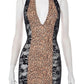 Leopard Print Mini Dress Women Lace Patchwork Halter Sexy Deep V-Neck Backless Midnight Club Party Coquette Outfits
