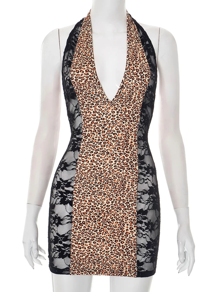 Leopard Print Mini Dress Women Lace Patchwork Halter Sexy Deep V-Neck Backless Midnight Club Party Coquette Outfits