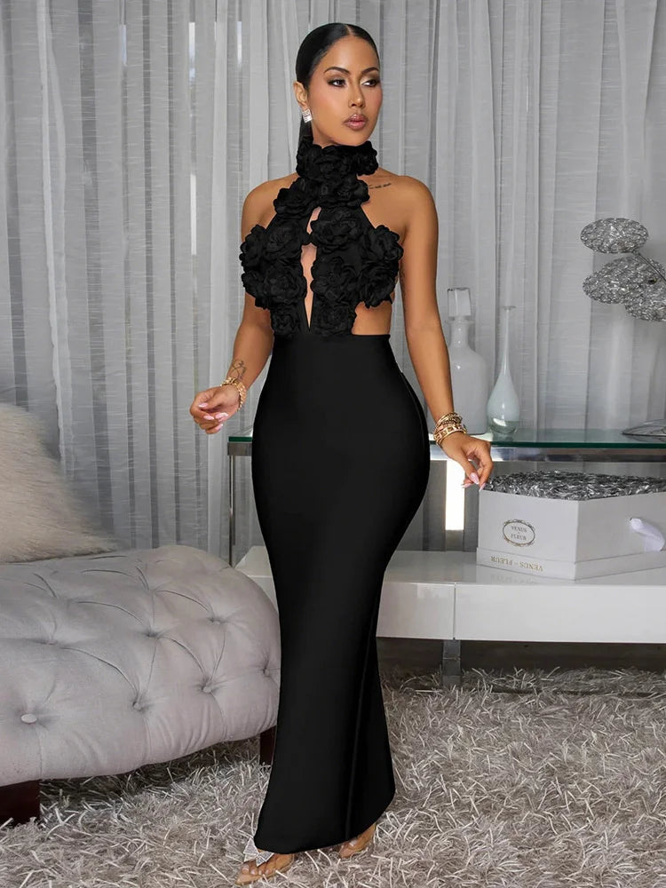 3d Flowers Maxi Dress Halter Buttons Bandage Backless Sleeveless Hollow Back Slit Sexy Midnight Prom Party Chic Vestidos