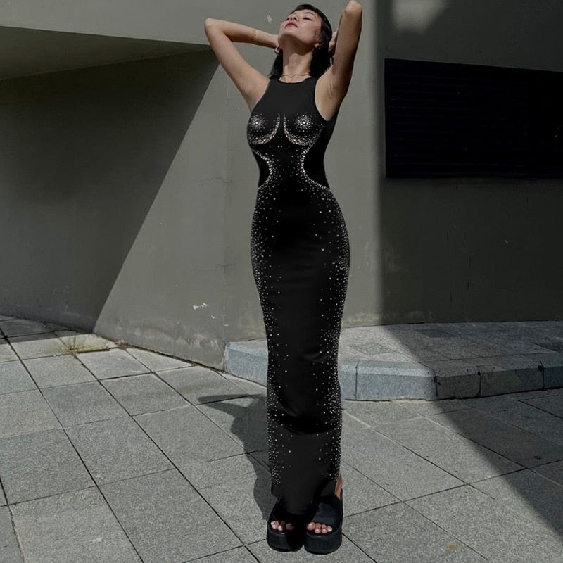 3d Body Rhinestone Sleeveless Bodycon Maxi Dress Sexy Black Evening Dresses Long Luxury 2023 Fall Party Gown