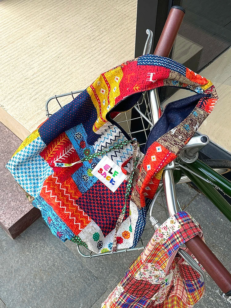 Color Block Casual Commute Large Capacity Lightweight Tote Shoulder Canvas Bag for Women