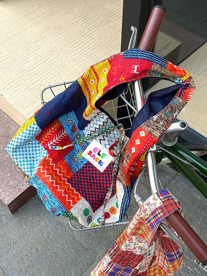 Color Block Casual Commute Large Capacity Lightweight Tote Shoulder Canvas Bag for Women