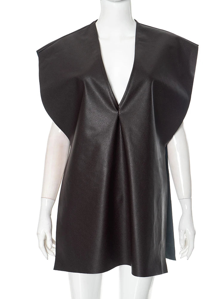 Loose PU Leather Tank Tops Women Low-Neck Irregular Fashion Streetwear Vacation Trend Casual Stretch Classic Tops