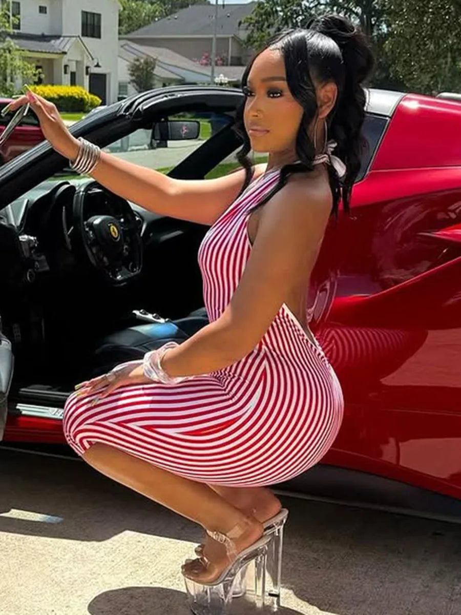 Stripe Print Playsuit Women Sleeveless Backless Halter Bandage Skinny Sexy Clubwear Activity Fitness Workout Romper