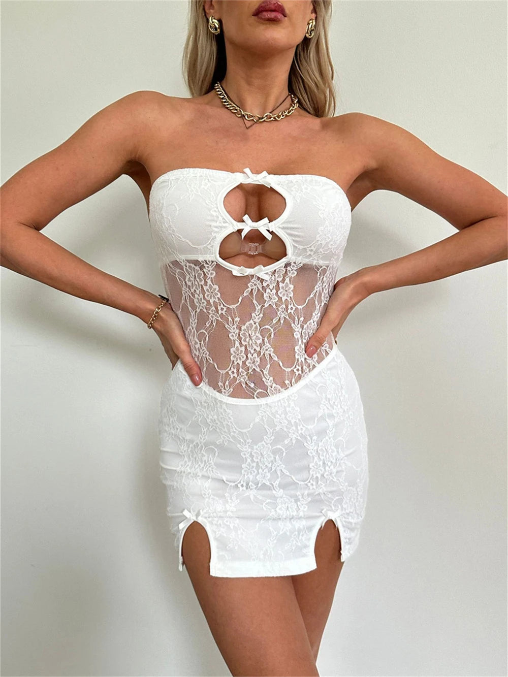 Sexy Jacquard Dress Women Hollow Bow Summer Strapless Split Hem Midnight Tight Birthday Party Clubwear Mini Bodycon