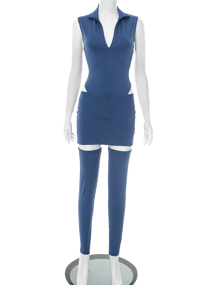 Sexy Fashion 3 Piece Set Women Zip Lapel Neck Skinny Bodysuits+Mini Skirts+Calf Cover Midnight Club Party Hipster Set