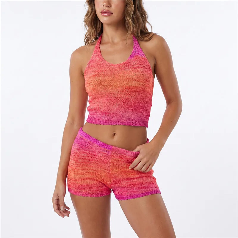 Gradient Knit Halter Crop Top Scallop Shorts 2 Piece Set Women Summer Beach Casual Y2K Vacation Matching Outfit