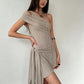 Hollow Tassel Dress Women Slanted Shoulder Folds Bandgae Irregular Hem Sexy Music Festival Sexy Midnight Mini Bodycon