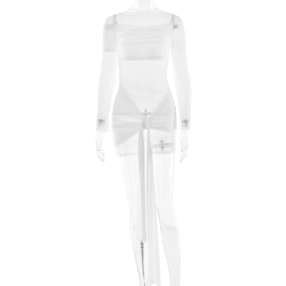 Women Fashion See Through Long Sleeve High Waist Club Party Dress Sexy Mesh Draped Ruched Mini Dress Female Elegant