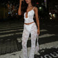 See-through Lace Sexy 2 Pieces Set for Woman Club Outfit Backless Cami Top and Pants Matching Sets