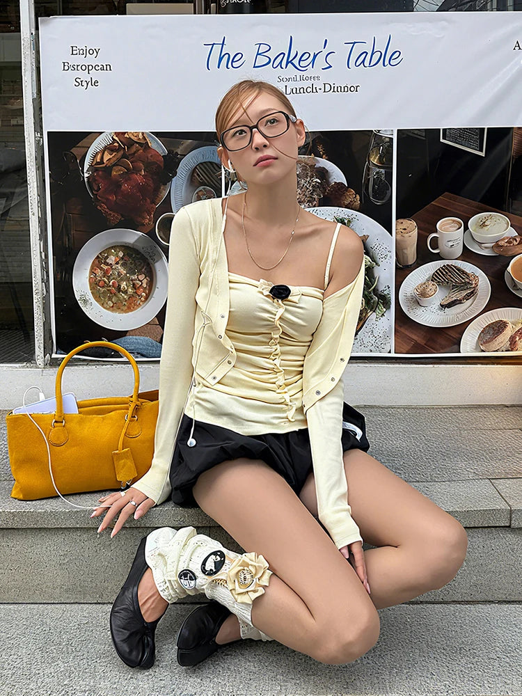 Bow Appliques T-Shirt Women Sweet Ruched Patchwork Camisole+Metal Buckle Crop Coat Stretch Skinny Hottie Streetwear