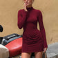 Back Zipper Turtleneck Long Sleeve Short Dresses for Woman Fall 2025 Fashion Sexy Solid Bodycon Dress