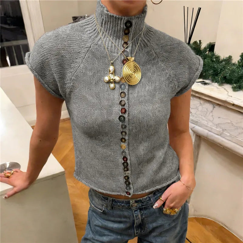 Women's Slim Fit Lightweight Sweater Shirt Elegant Colorful Button Down Short Sleeve Mock Neck Knit Cardigan Streetwear