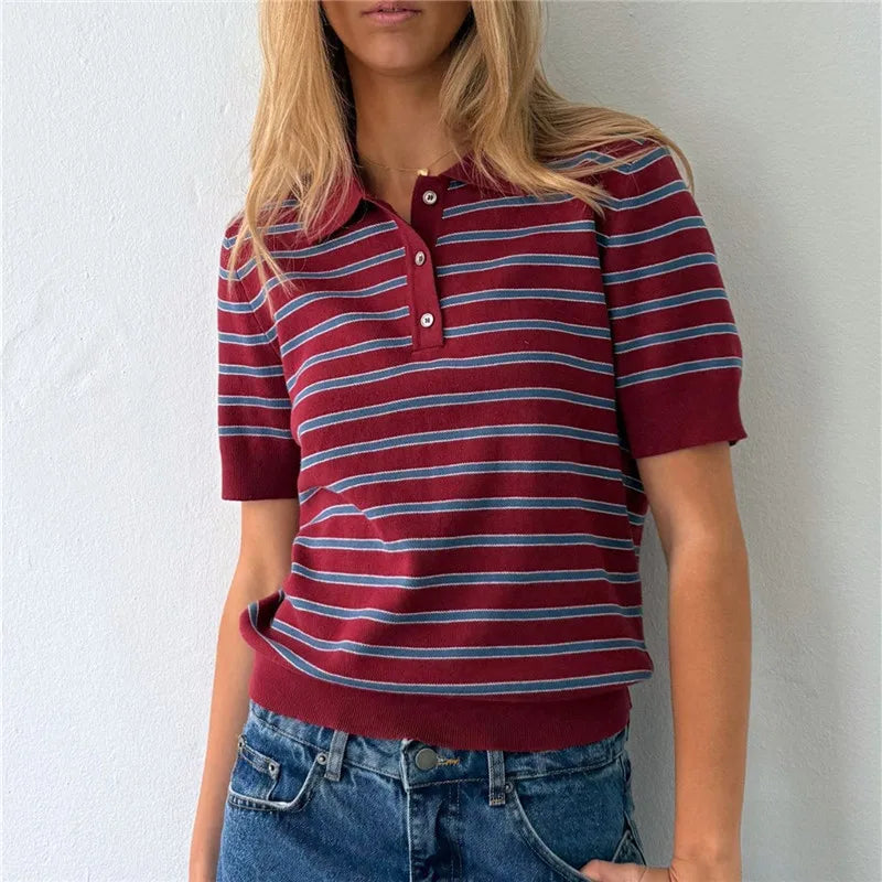 Women Summer Striped Knit Top Short Sleeve Button Casual Knitted T Shirt Vintage Contrast Stripe Basic Pullover