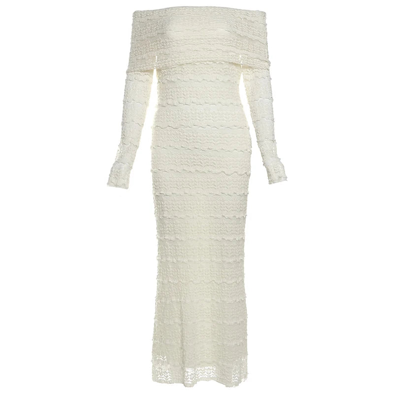 Sexy See Through Maxi Dress Women Lapel Slash Neck Backless Full Sleeve Vacation Beach Party Elegant Skinny Vestidos