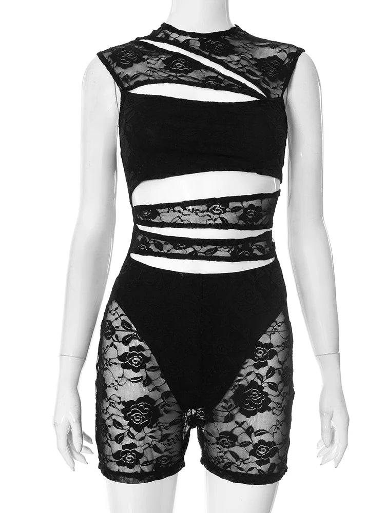 Sexy Hollow Playsuits Women Mesh Patchwork o-Neck Sleeveless Skinny Peach Hip Hot Girls Midnight Club Party Rompers