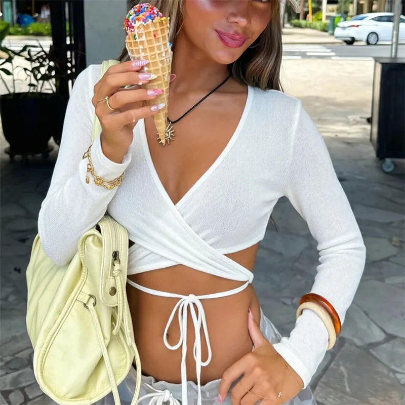 Women Y2K Deep V Wrap Long Sleeve Crop Top Self Tie Backless Crisscross Cutout Slim Fit Streetwear Cropped Blouse Tops