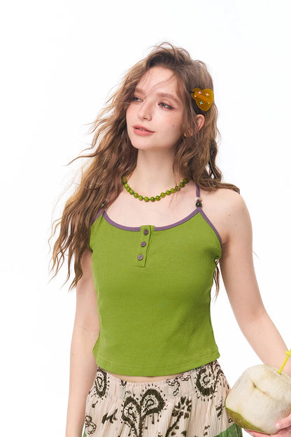 Women's Contrast Trim Spaghetti Strap Cami Top with Color Buttons, Square Neck Slim Ribbed Tank for Daily