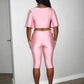 Fashion 3-Piece Set Women Solid Square Collar Flare Sleeve t-Shirt+Simple Belt+Elastic Waist Classic Short Slim Suit