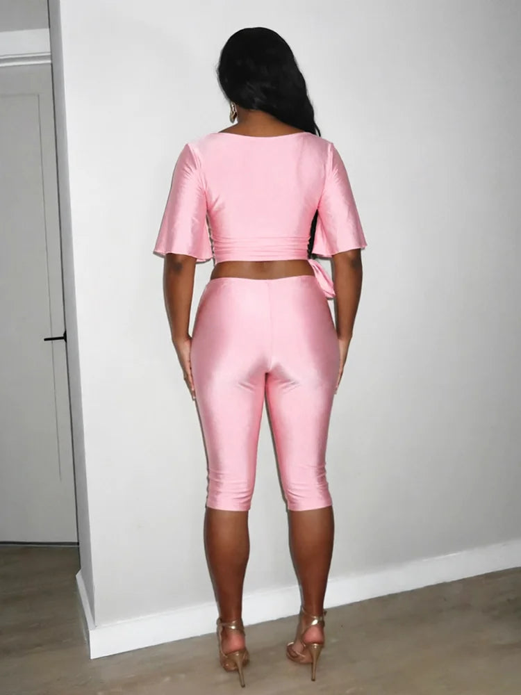 Fashion 3-Piece Set Women Solid Square Collar Flare Sleeve t-Shirt+Simple Belt+Elastic Waist Classic Short Slim Suit