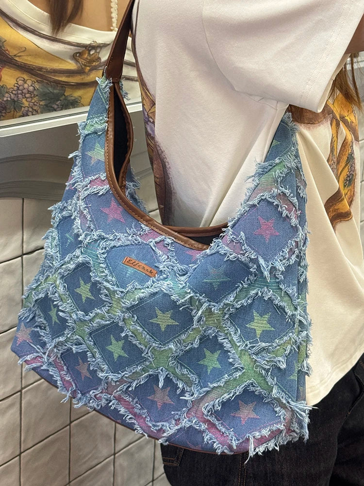 Women's Star Print Denim Hobo Bag, Gradient Color Fringed Shoulder Tote, Large Capacity Casual Aesthetic Shopper Bag