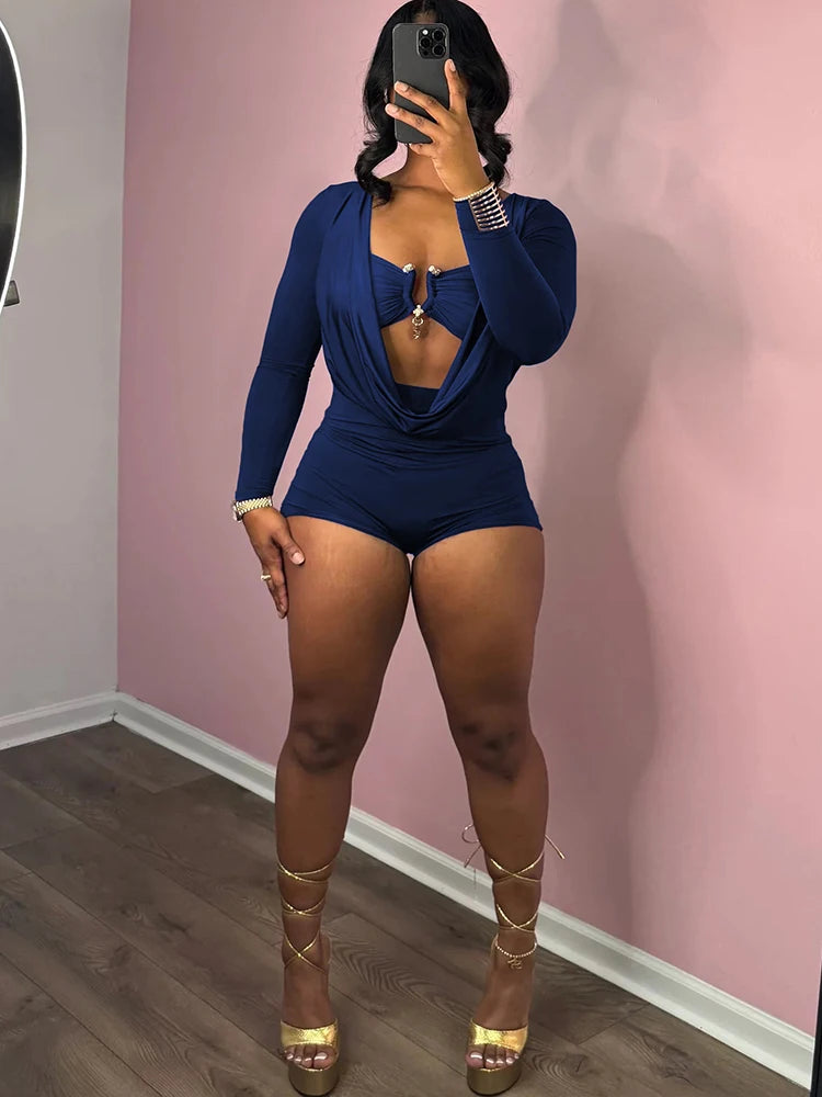 Swing Collar Romper+Metal buckle Bra Sexy Women Hipster Midnight Party Coquette New Autumn Trend Workout Playsuits